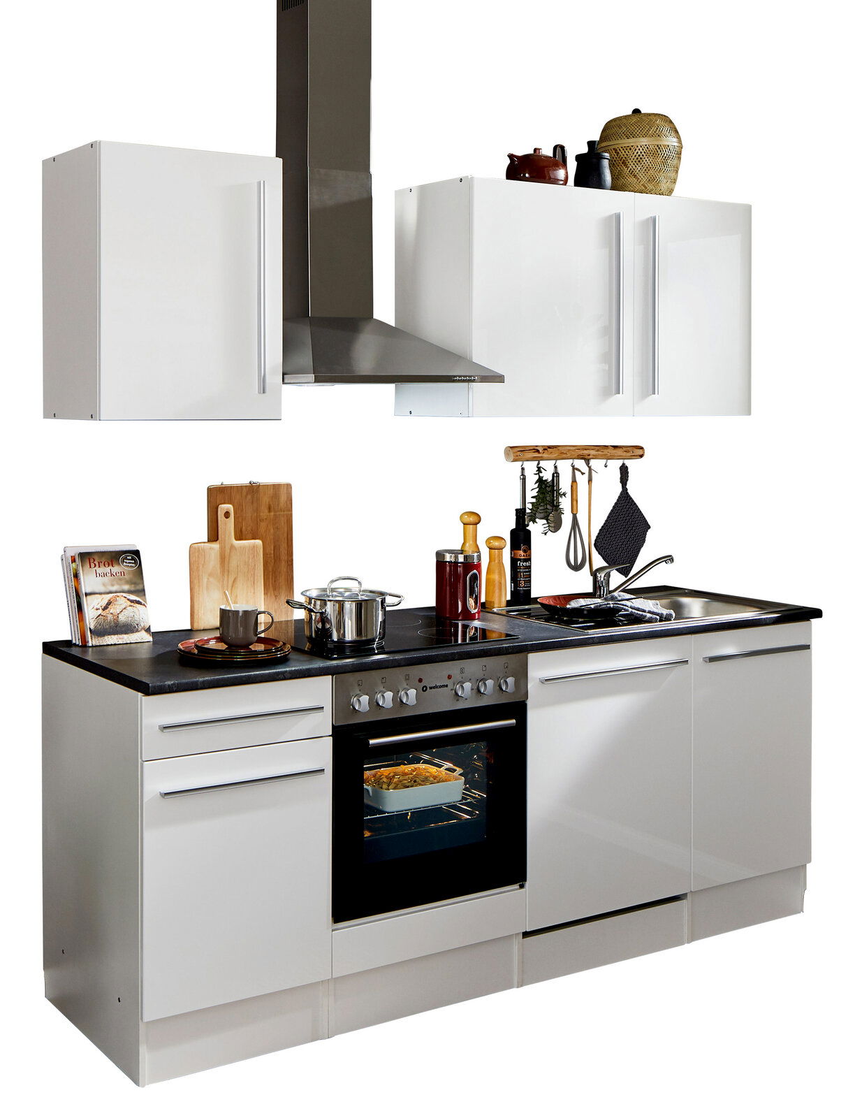 Yourkitchen Küchenblock 220 JAZZ Moderner Küchenblock in Weiß mit Herd, Ofen und Dunstabzugshaube, seitliche Perspektive.