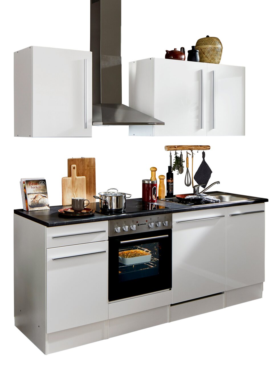 Yourkitchen Küchenblock 220 JAZZ Moderner Küchenblock in Weiß mit Herd, Ofen und Dunstabzugshaube, seitliche Perspektive.