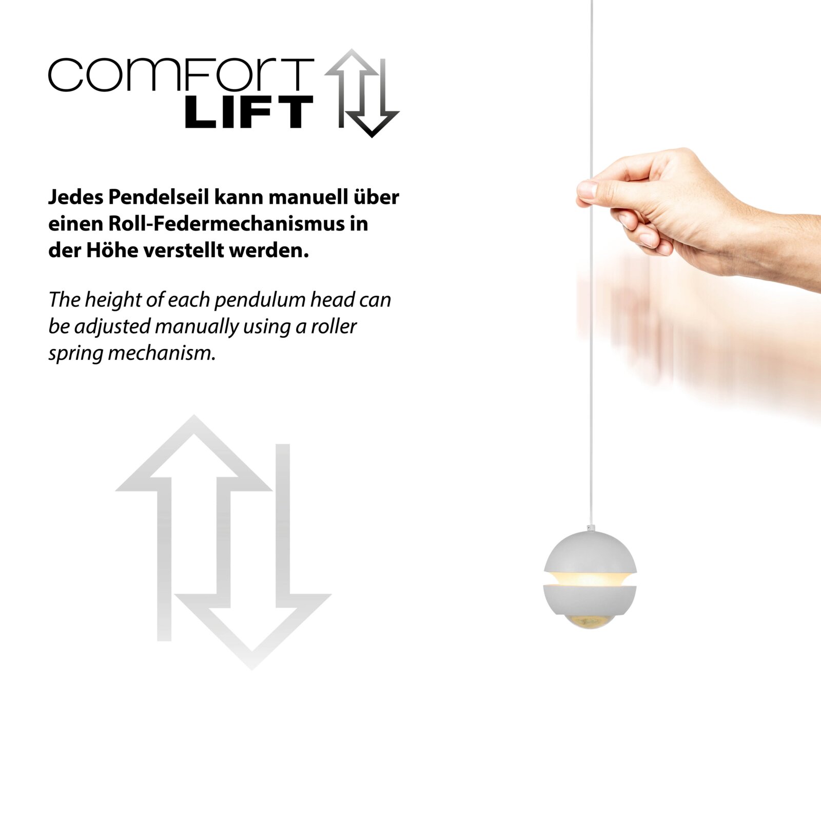 Infografik zur höhenverstellbaren Pendelleuchte mit Comfort-Lift-Rollfedermechanismus; eine Hand zieht am Pendelseil, unten rechts die weiße Leuchte am Kabel, frontale Ansicht.