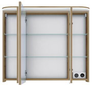 Spiegelschrank mit drei Türen, zwei davon geöffnet, zeigt Innenregale und Steckdose, Frontalansicht