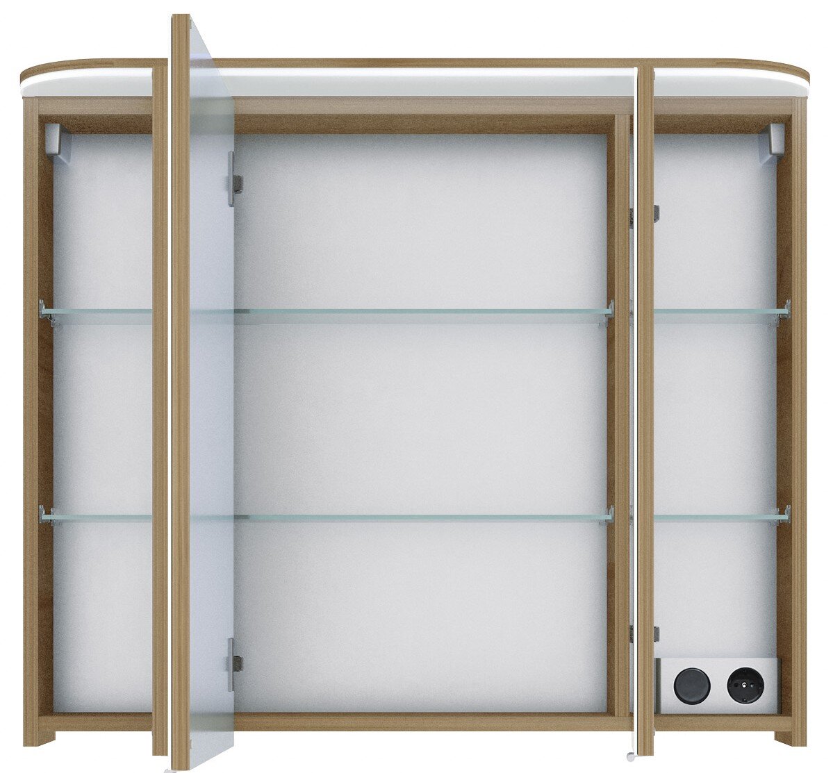 Spiegelschrank mit drei Türen, zwei davon geöffnet, zeigt Innenregale und Steckdose, Frontalansicht