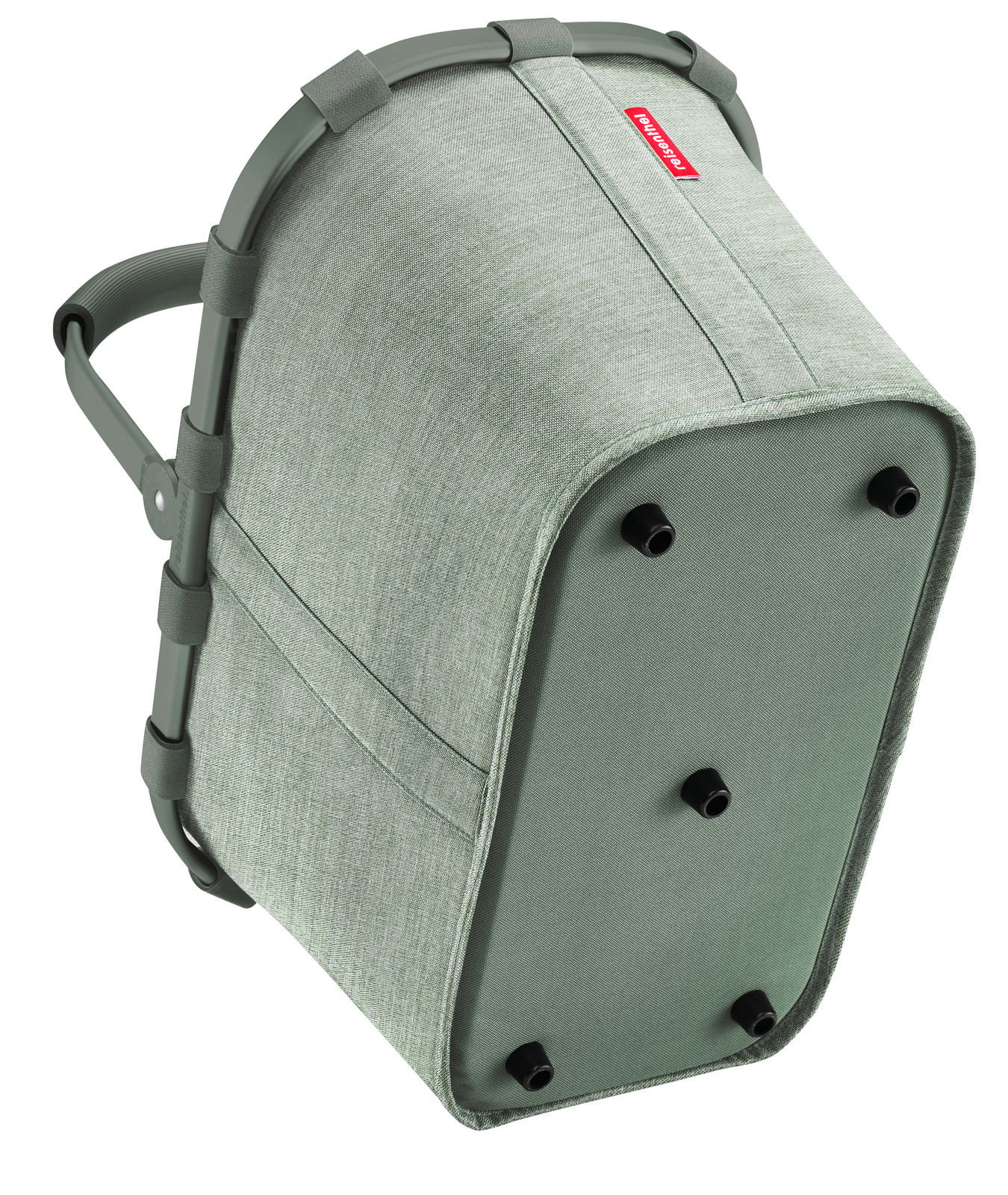 Grüner Einkaufskorb mit stabilem Rahmen und Tragegriff, Ansicht von unten mit sichtbaren Standfüßen.