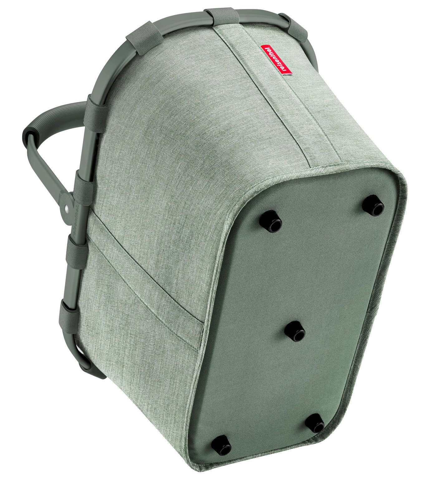 Grüner Einkaufskorb mit stabilem Rahmen und Tragegriff, Ansicht von unten mit sichtbaren Standfüßen.