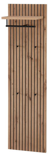 Garderobenpaneel aus Holz mit vertikalen schwarzen Streifen, mehreren Haken und einem oberen Regal, frontal betrachtet.