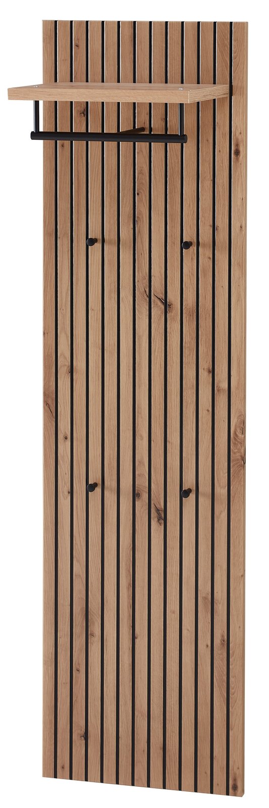 Voleo Garderobenpaneel DIANA Garderobenpaneel aus Holz mit vertikalen schwarzen Streifen, mehreren Haken und einem oberen Regal, frontal betrachtet.