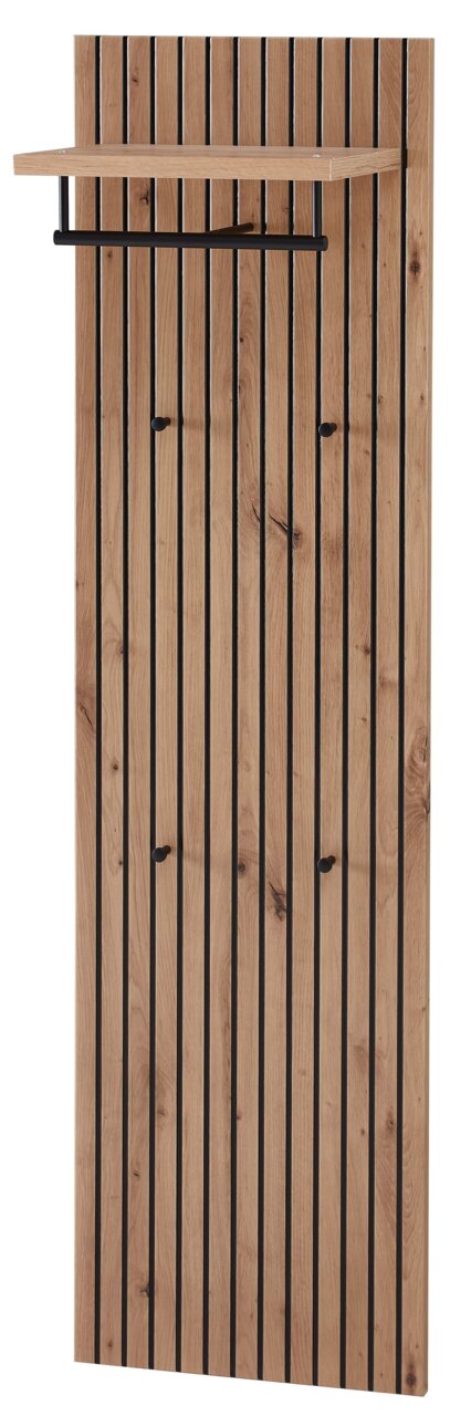 Voleo Garderobenpaneel DIANA Garderobenpaneel aus Holz mit vertikalen schwarzen Streifen, mehreren Haken und einem oberen Regal, frontal betrachtet.