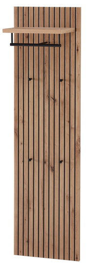 Garderobenpaneel aus Holz mit vertikalen schwarzen Streifen, mehreren Haken und einem oberen Regal, frontal betrachtet.