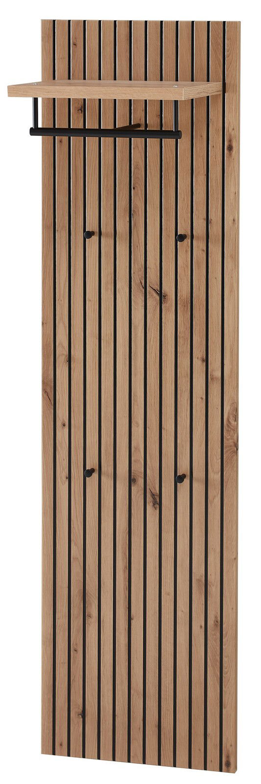Garderobenpaneel aus Holz mit vertikalen schwarzen Streifen, mehreren Haken und einem oberen Regal, frontal betrachtet.