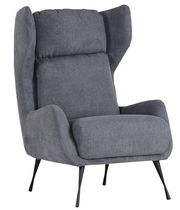 Grauer Ohrensessel mit modernen Metallbeinen, seitliche Perspektive