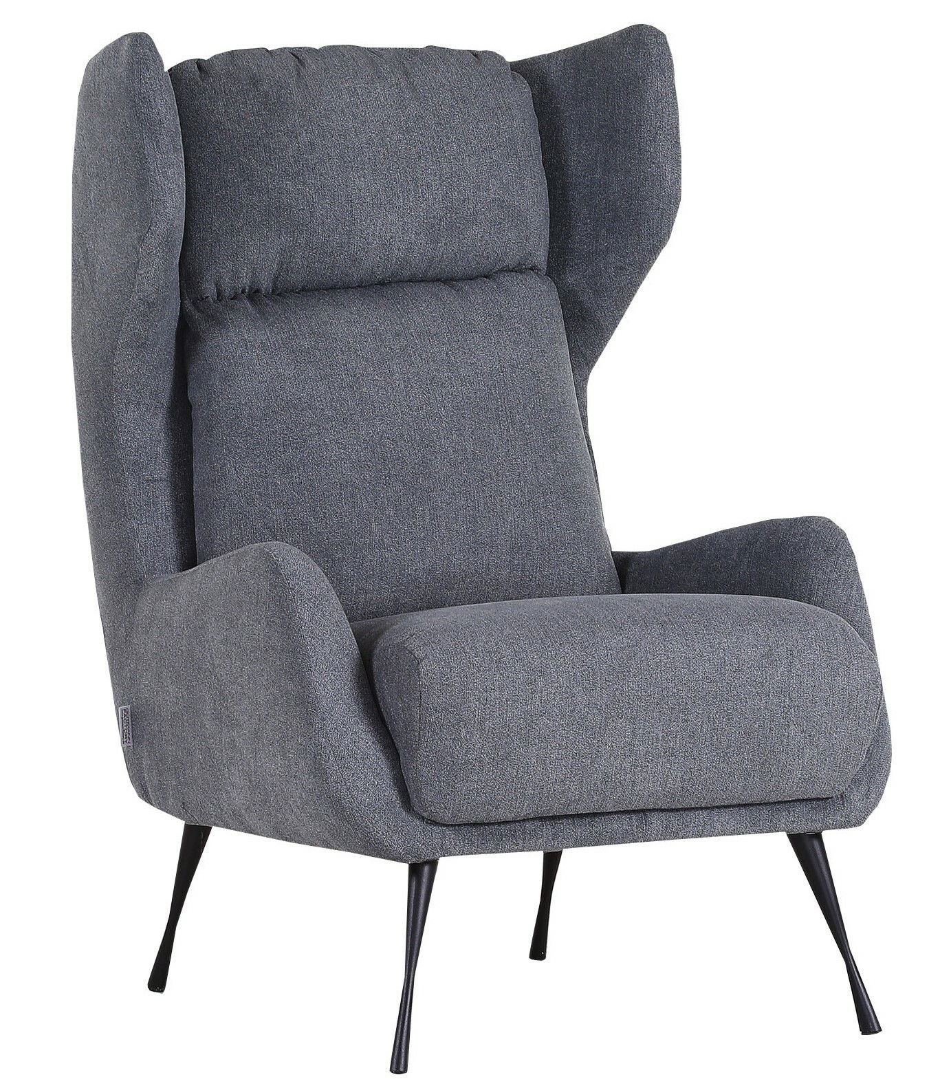Grauer Ohrensessel mit modernen Metallbeinen, seitliche Perspektive