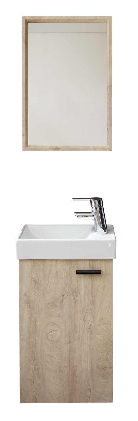 Badmöbel-Set mit Spiegel und Waschtischunterschrank in heller Holzoptik, weißem Keramik-Waschbecken und verchromter Armatur, frontale Ansicht