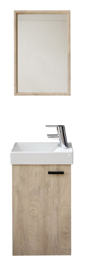 Badmöbel-Set mit Spiegel und Waschtischunterschrank in heller Holzoptik, weißem Keramik-Waschbecken und verchromter Armatur, frontale Ansicht