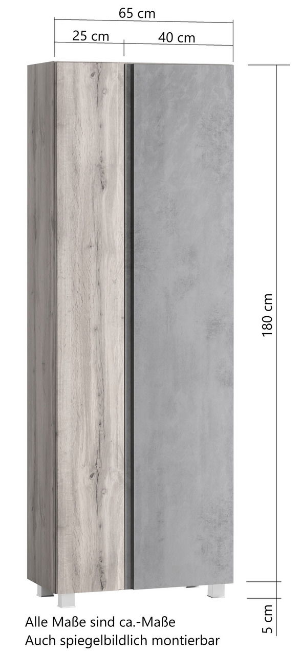 Hochschrank 65 cm mit Holz- und Betonoptik, Frontansicht