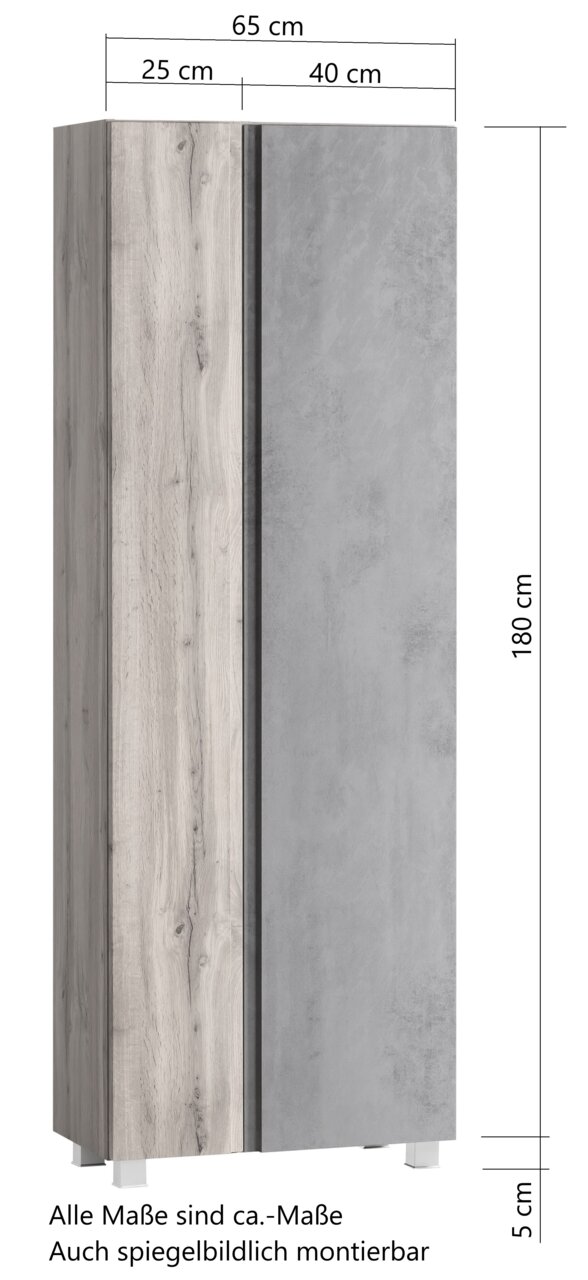 Hoge kast van 65 cm met hout- en betonlook, vooraanzicht