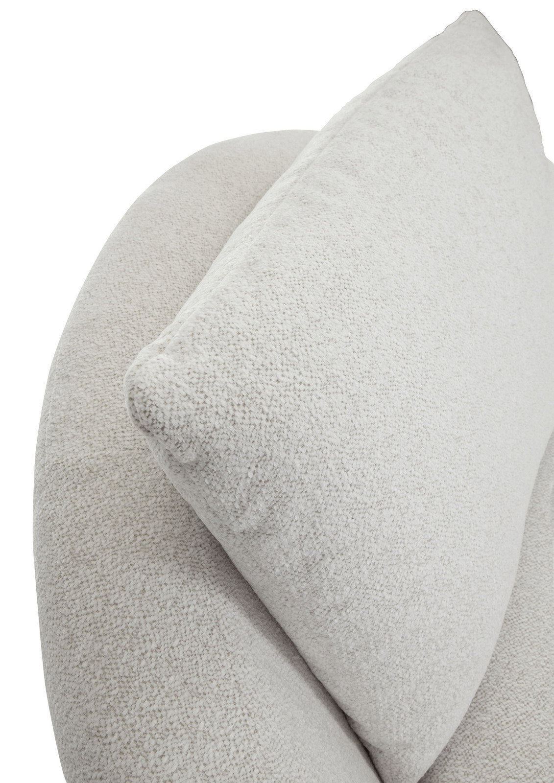 Nahaufnahme eines hellen Drehsessels mit weicher, texturierter Oberfläche, von oben betrachtet.