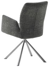 Rückansicht eines modernen Sessels mit grauem Stoffbezug und einem vierbeinigen Metallgestell.