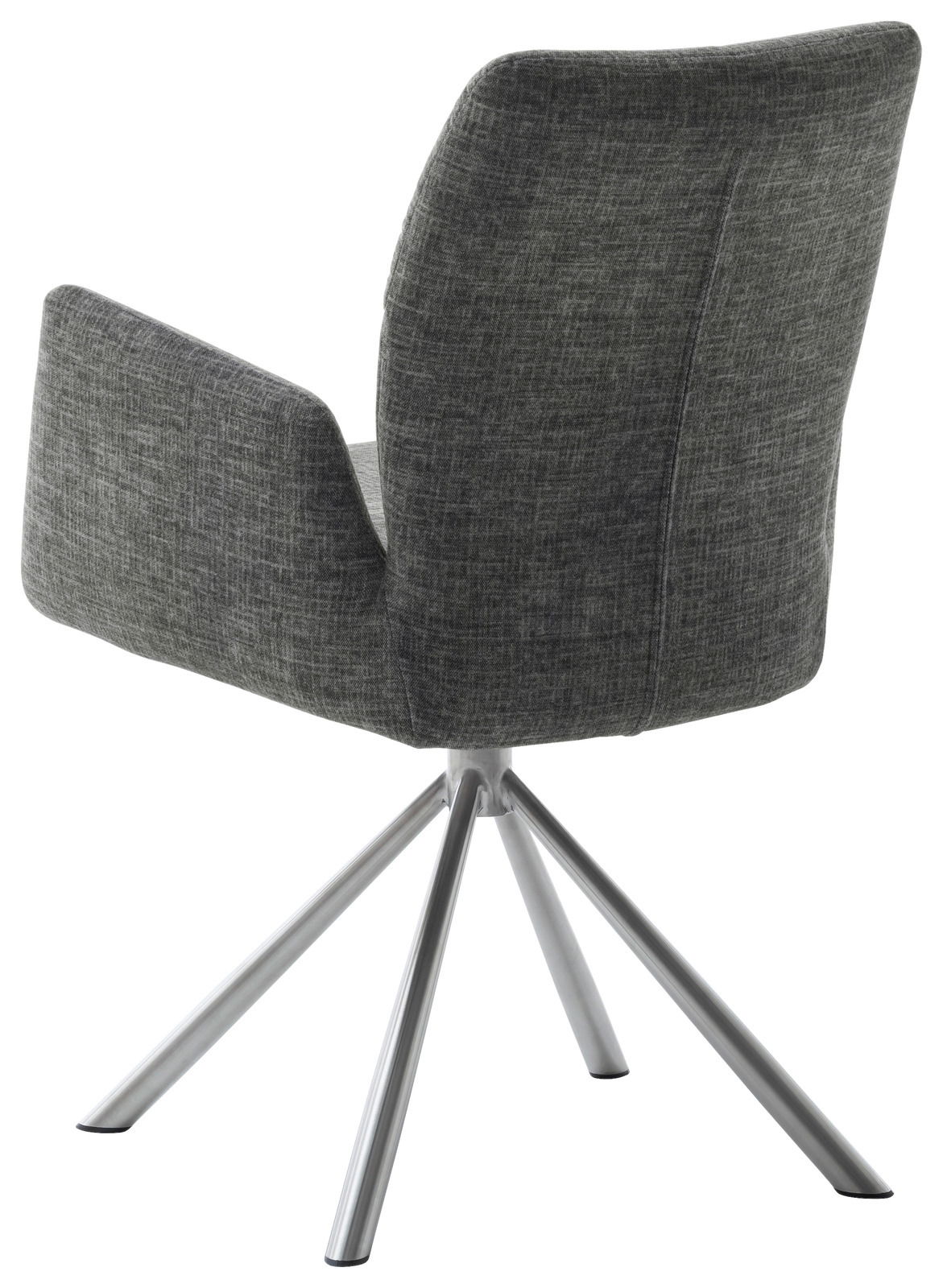 Rückansicht eines modernen Sessels mit grauem Stoffbezug und einem vierbeinigen Metallgestell.