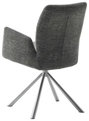 Rückansicht eines modernen Sessels mit grauem Stoffbezug und einem vierbeinigen Metallgestell.