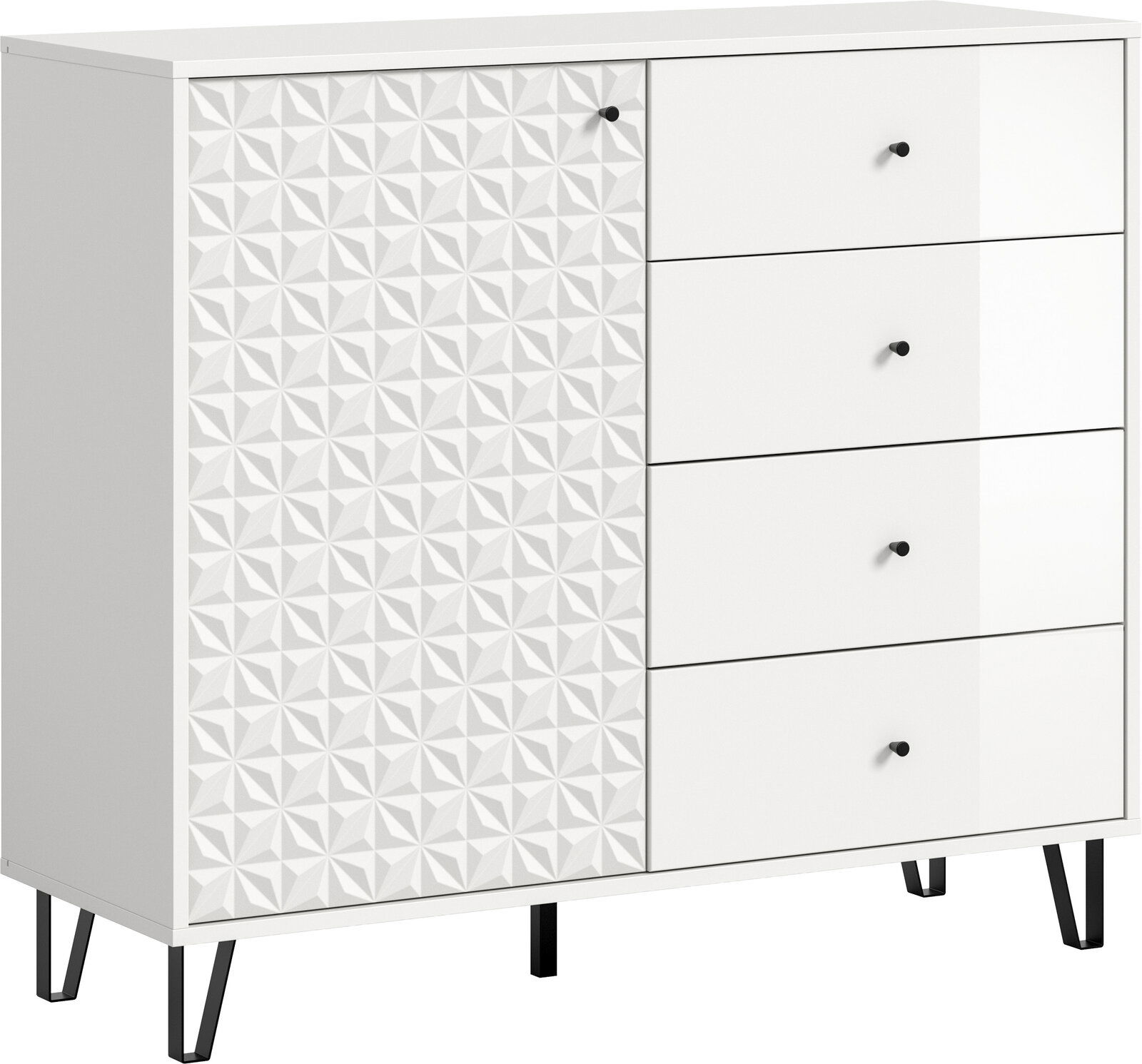 MID.YOU Highboard PRISMA Weiße Kommode mit 3D-geometrischer Tür links, vier Schubladen rechts und schwarzen Füßen, schräg von vorne (Frontansicht leicht von links)