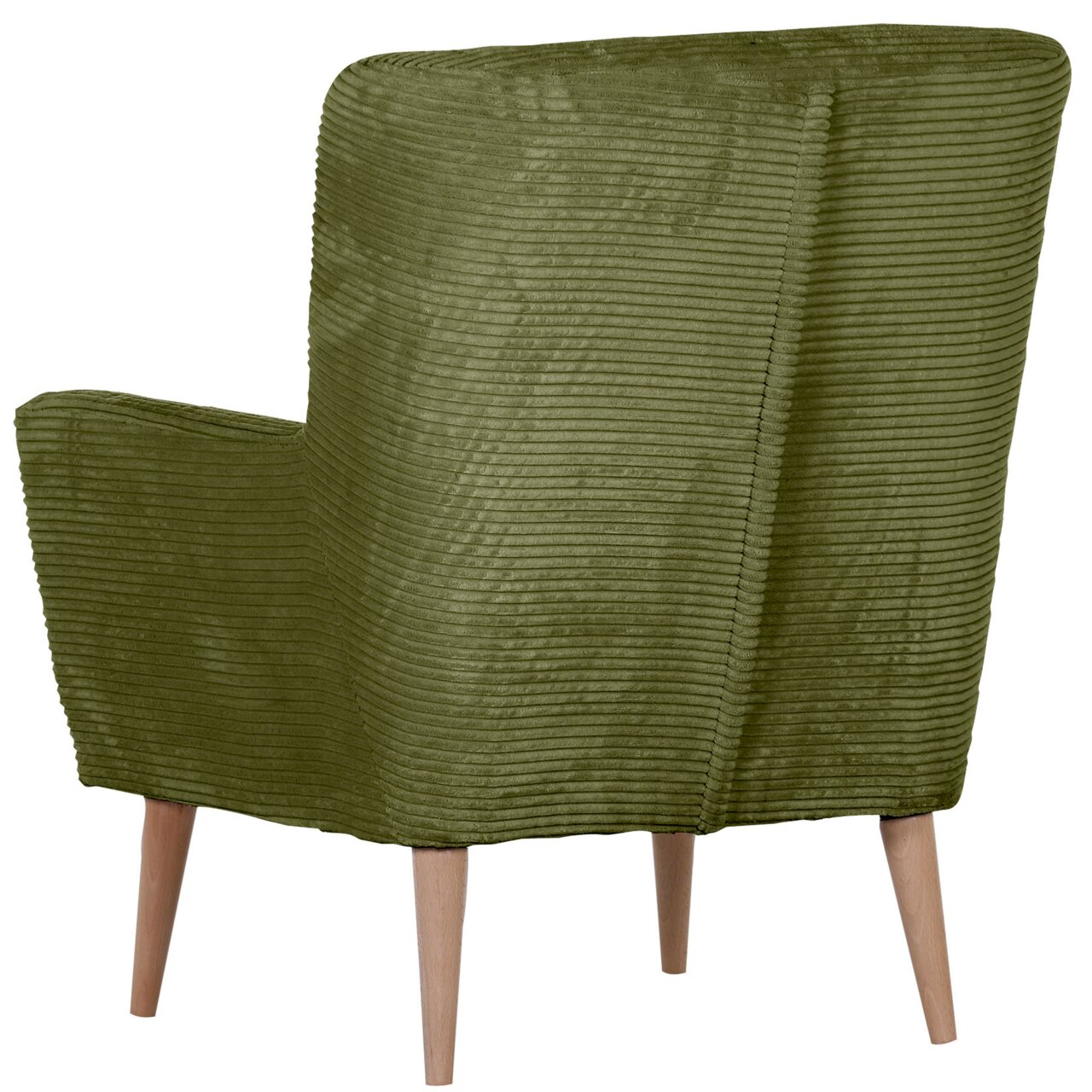 Groene fauteuil met corduroy bekleding en houten poten, achteraanzicht licht van opzij tegen een witte achtergrond