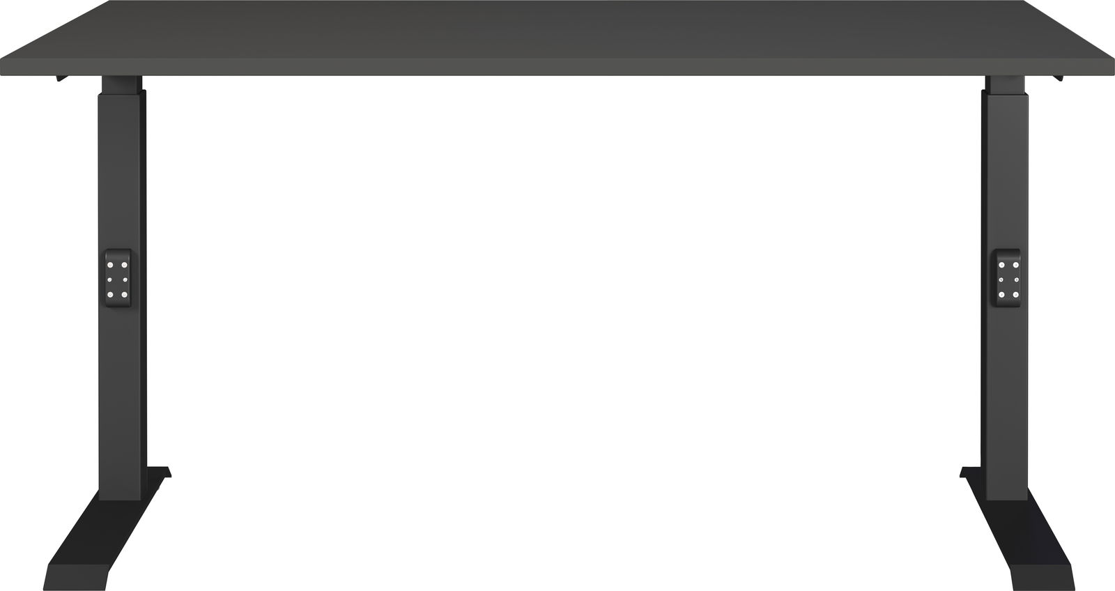 Moderner schwarzer Schreibtisch mit höhenverstellbaren Beinen, Frontalansicht