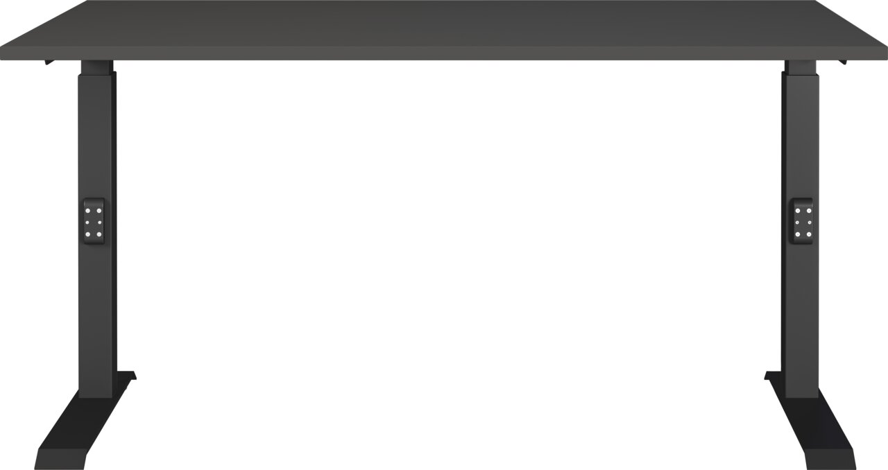 Moderner schwarzer Schreibtisch mit höhenverstellbaren Beinen, Frontalansicht