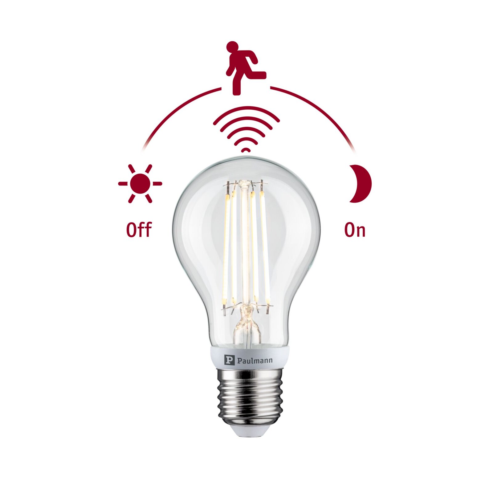 Paulmann LED-Glühbirne mit E27-Sockel und sichtbaren Filamenten, dargestellt in Frontalansicht vor weißem Hintergrund, mit Symbolen für Tag-/Nachtmodus (Off/On) und Bewegungserkennung