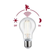 Paulmann LED-Glühbirne mit E27-Sockel und sichtbaren Filamenten, dargestellt in Frontalansicht vor weißem Hintergrund, mit Symbolen für Tag-/Nachtmodus (Off/On) und Bewegungserkennung
