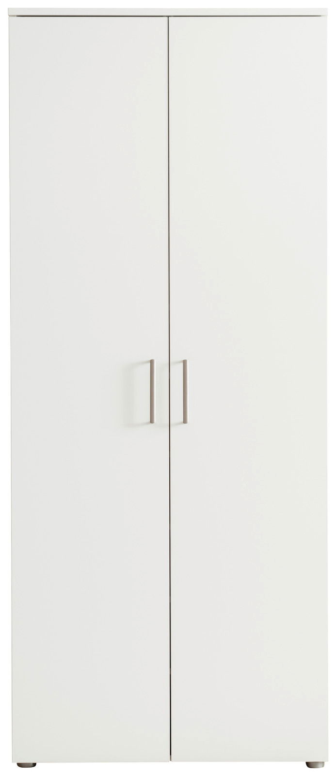Weißer, hoher Schuhschrank mit zwei Türen und silbernen Griffen, frontale Ansicht.