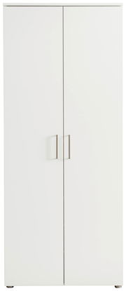 Weißer, hoher Schuhschrank mit zwei Türen und silbernen Griffen, frontale Ansicht.