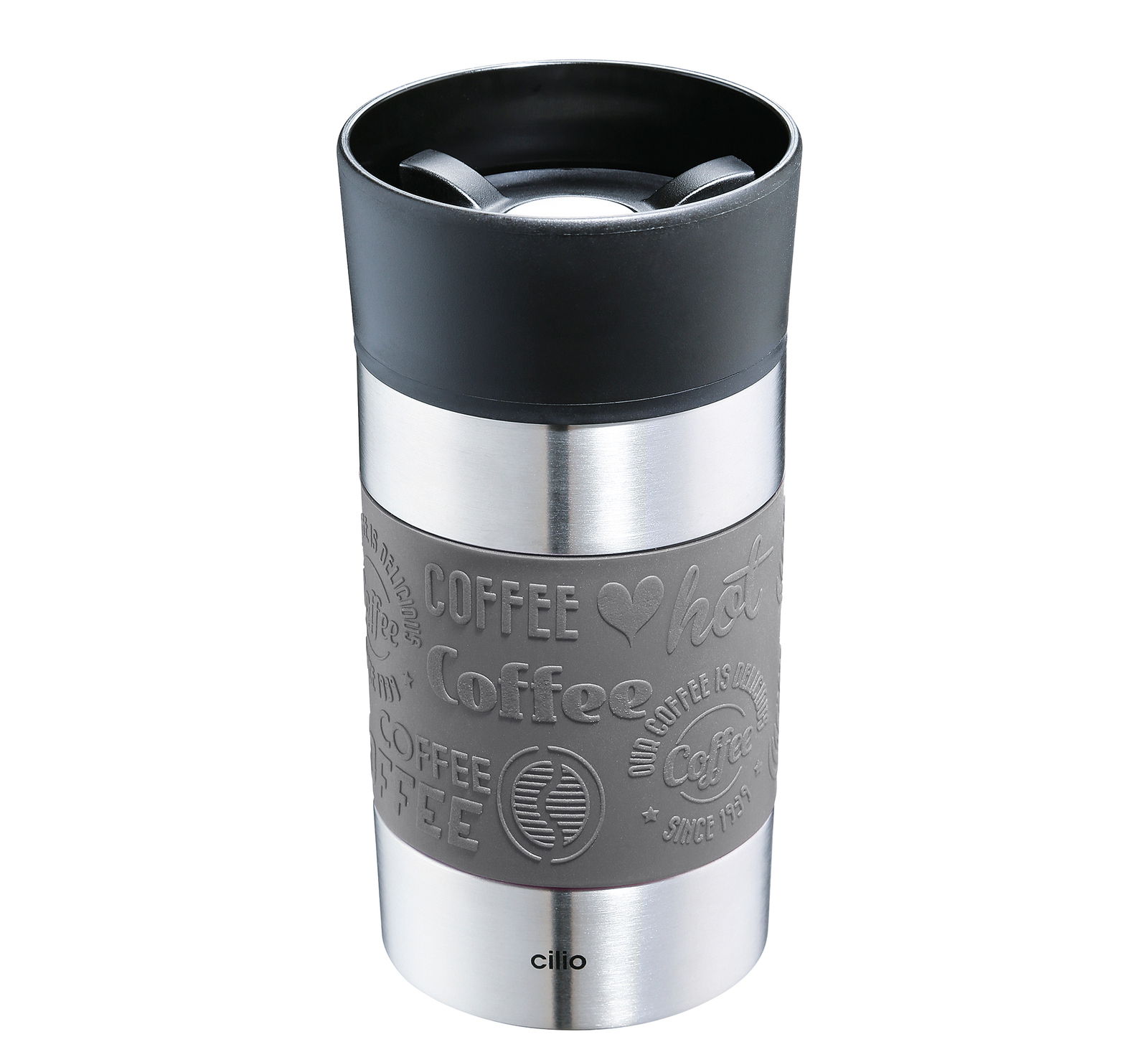 Isoliertrinkbecher 300ml grau, Vorderansicht, mit schwarzem Deckel und grauem Griffbereich mit Kaffeethemen-Design.