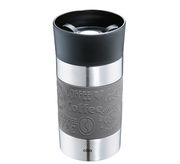 Isoliertrinkbecher 300ml grau, Vorderansicht, mit schwarzem Deckel und grauem Griffbereich mit Kaffeethemen-Design.