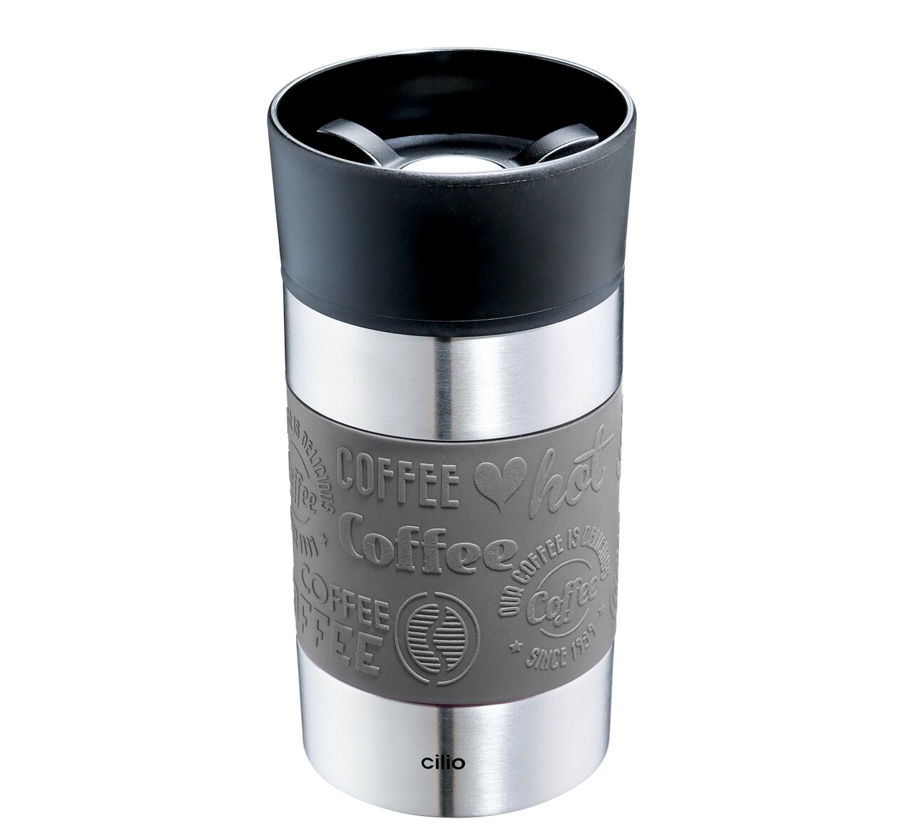 Isoliertrinkbecher 300ml grau, Vorderansicht, mit schwarzem Deckel und grauem Griffbereich mit Kaffeethemen-Design.