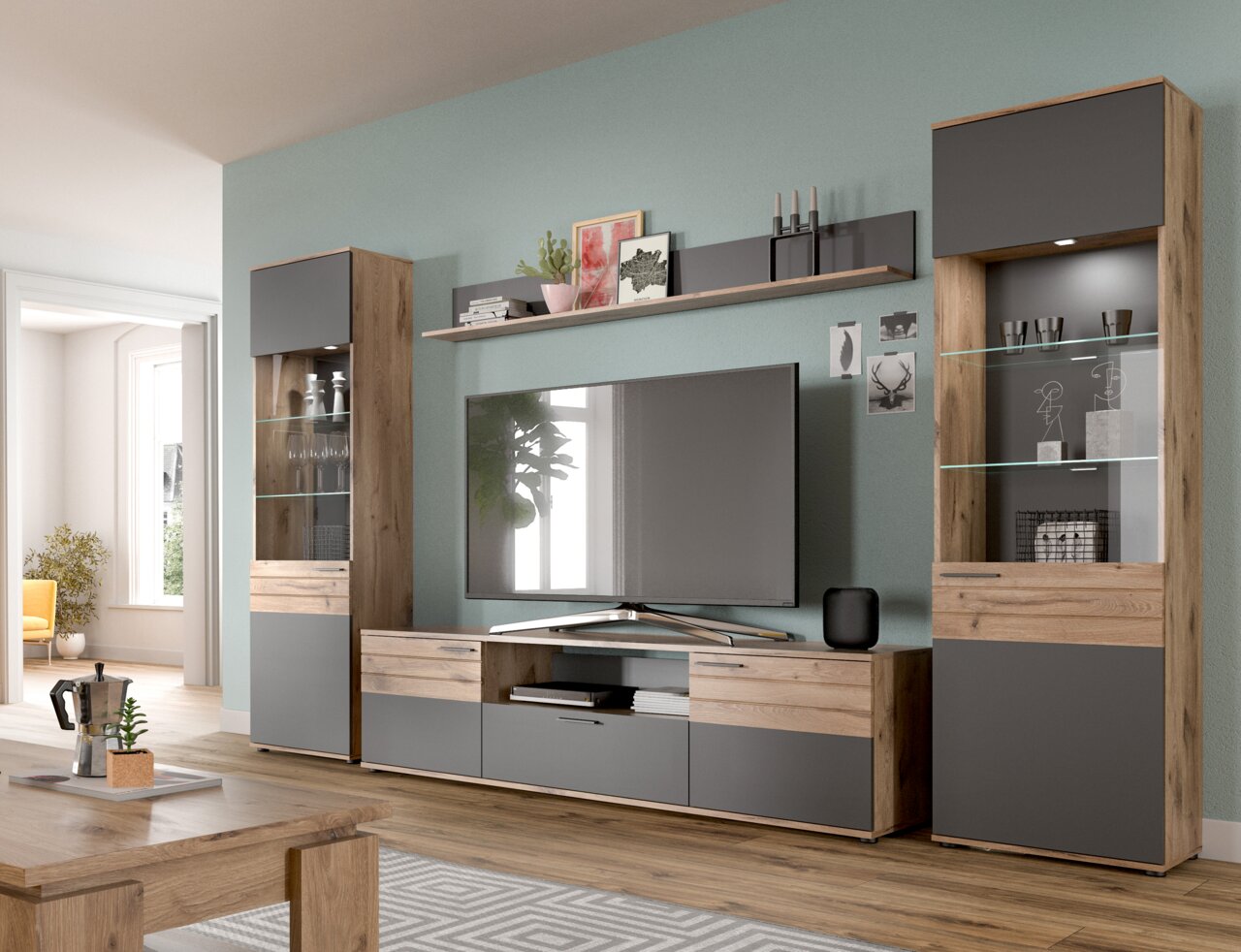 MID.YOU Wohnkombination MASON Moderne Wohnkombination in Holzoptik mit grauen Akzenten, bestehend aus zwei Vitrinen, einem TV-Board und einem Wandregal, frontal betrachtet.