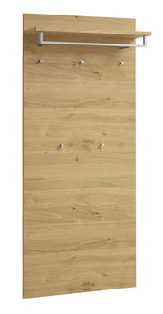 Garderobenpaneel aus Holz mit Haken und Ablage, frontale Ansicht