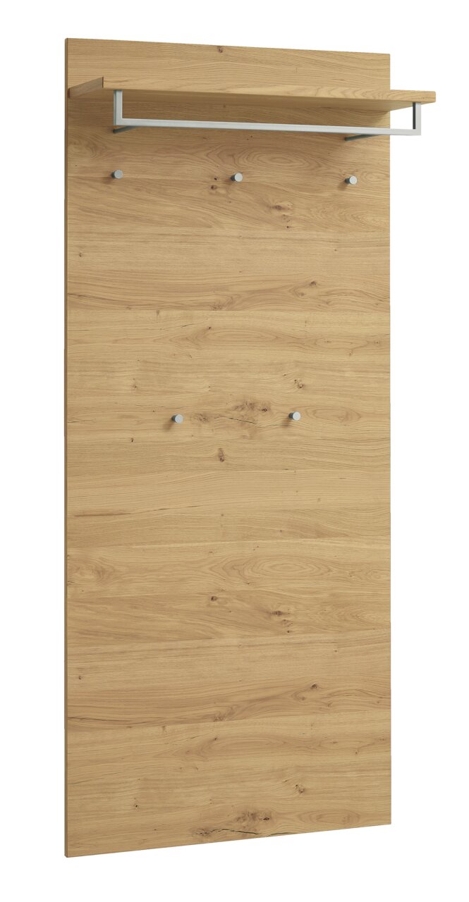 Garderobenpaneel aus Holz mit Haken und Ablage, frontale Ansicht