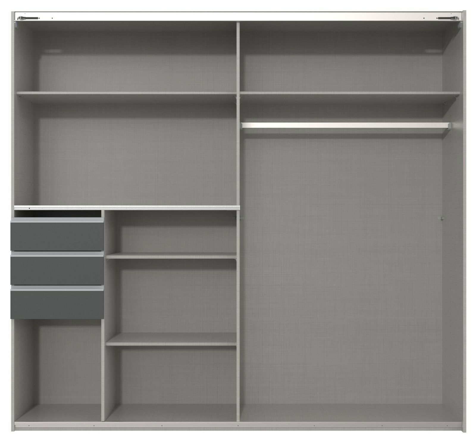 Innenansicht eines grauen Schwebetürenschranks mit mehreren Regalböden, Schubladen und einer Kleiderstange, frontal betrachtet.