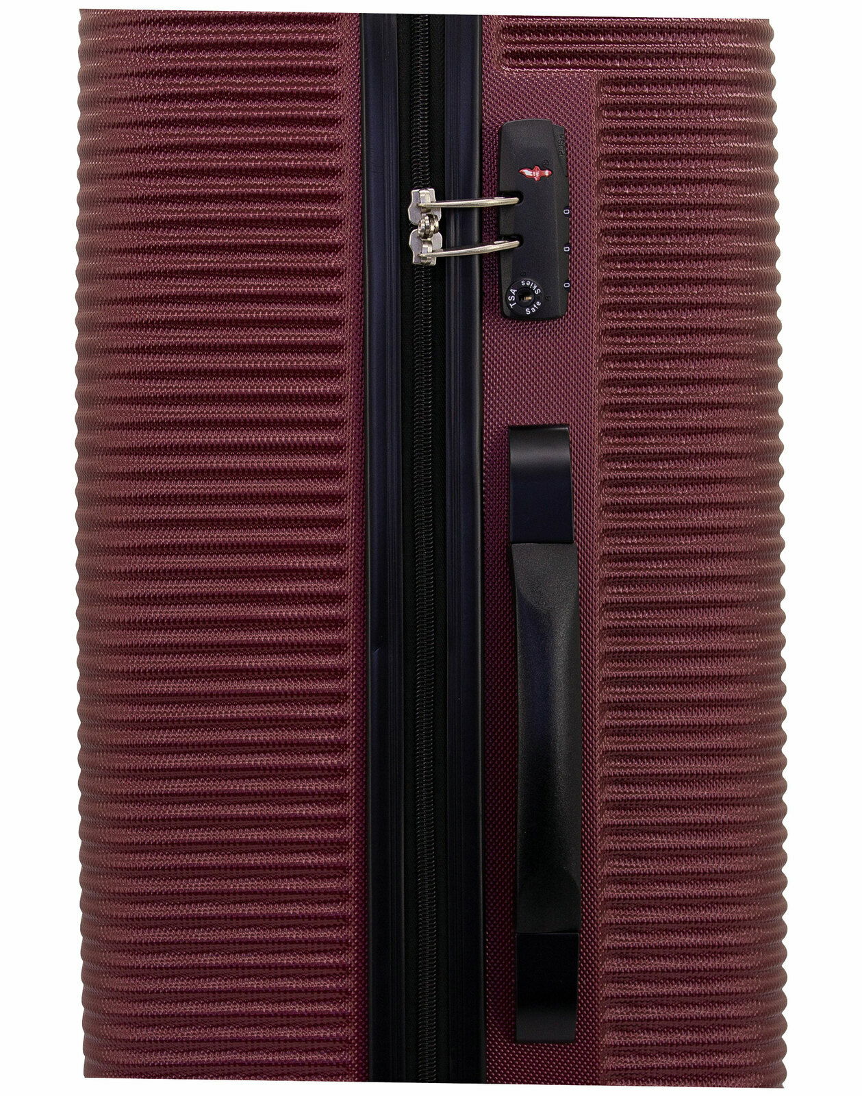 Nahaufnahme eines burgunderfarbenen Trolleys mit strukturiertem Design, seitlichem Griff und integriertem Zahlenschloss.