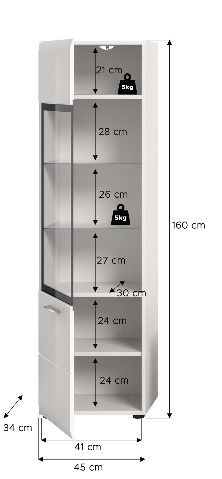 Weiße, hohe Vitrine/Bad-Hochschrank mit Glastür und zusätzlicher Tür, geöffnet und mit Maßangaben (Höhe 160 cm, Breite 45 cm, Tiefe 34 cm) sowie Fachhöhen; Ansicht schräg von vorn.