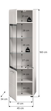 Weiße, hohe Vitrine/Bad-Hochschrank mit Glastür und zusätzlicher Tür, geöffnet und mit Maßangaben (Höhe 160 cm, Breite 45 cm, Tiefe 34 cm) sowie Fachhöhen; Ansicht schräg von vorn.