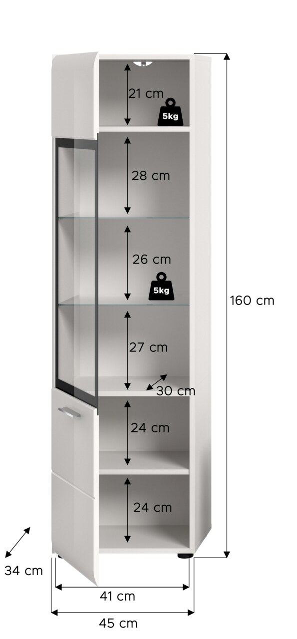 Weiße, hohe Vitrine/Bad-Hochschrank mit Glastür und zusätzlicher Tür, geöffnet und mit Maßangaben (Höhe 160 cm, Breite 45 cm, Tiefe 34 cm) sowie Fachhöhen; Ansicht schräg von vorn.