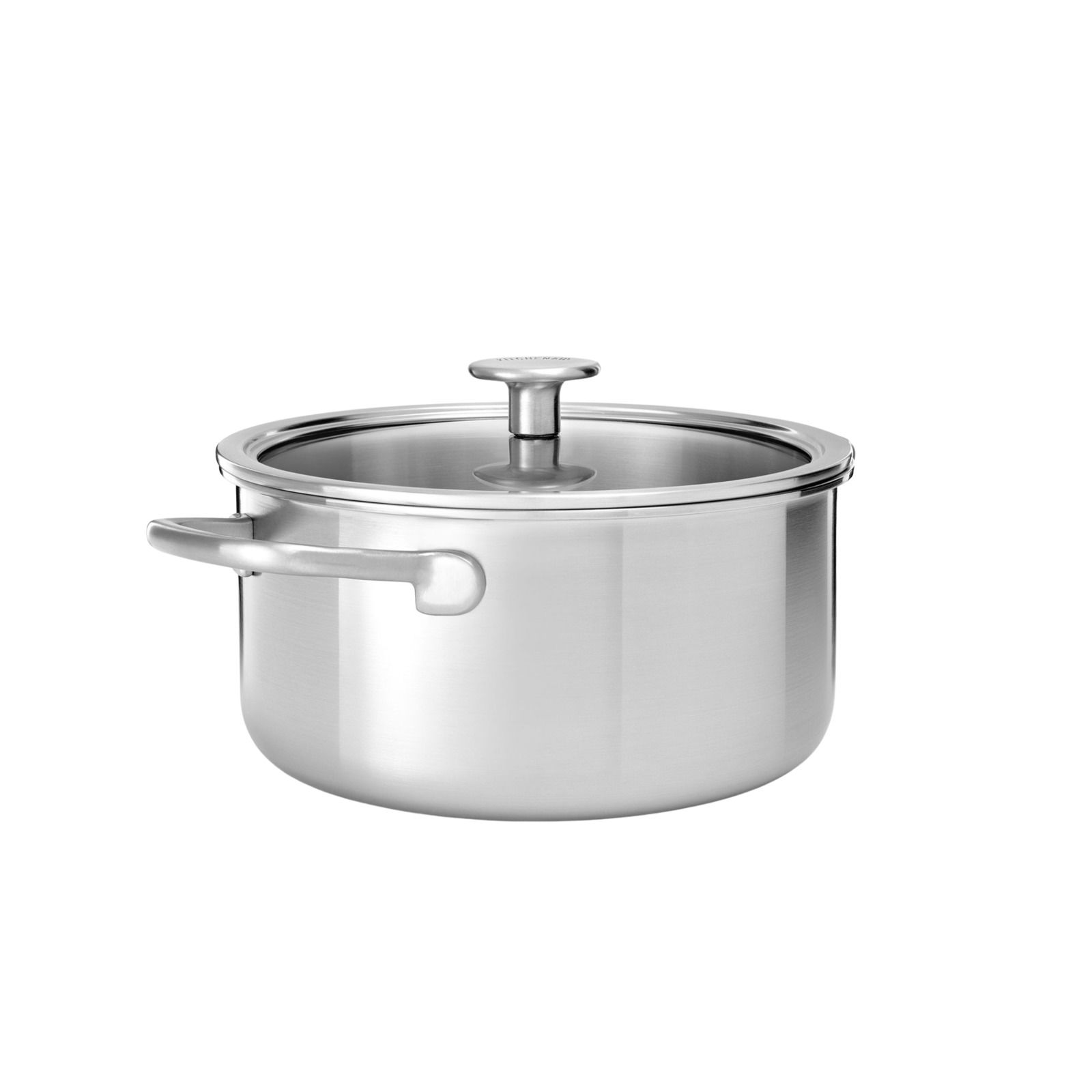 Edelstahlkochtopf mit Glasdeckel, seitliche Perspektive