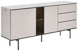 Modernes Sideboard mit weißer Front, drei Schubladen und einem offenen Fach, seitliche Perspektive