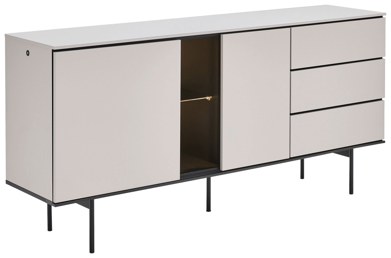 Voleo Sideboard KASANO Modernes Sideboard mit weißer Front, drei Schubladen und einem offenen Fach, seitliche Perspektive