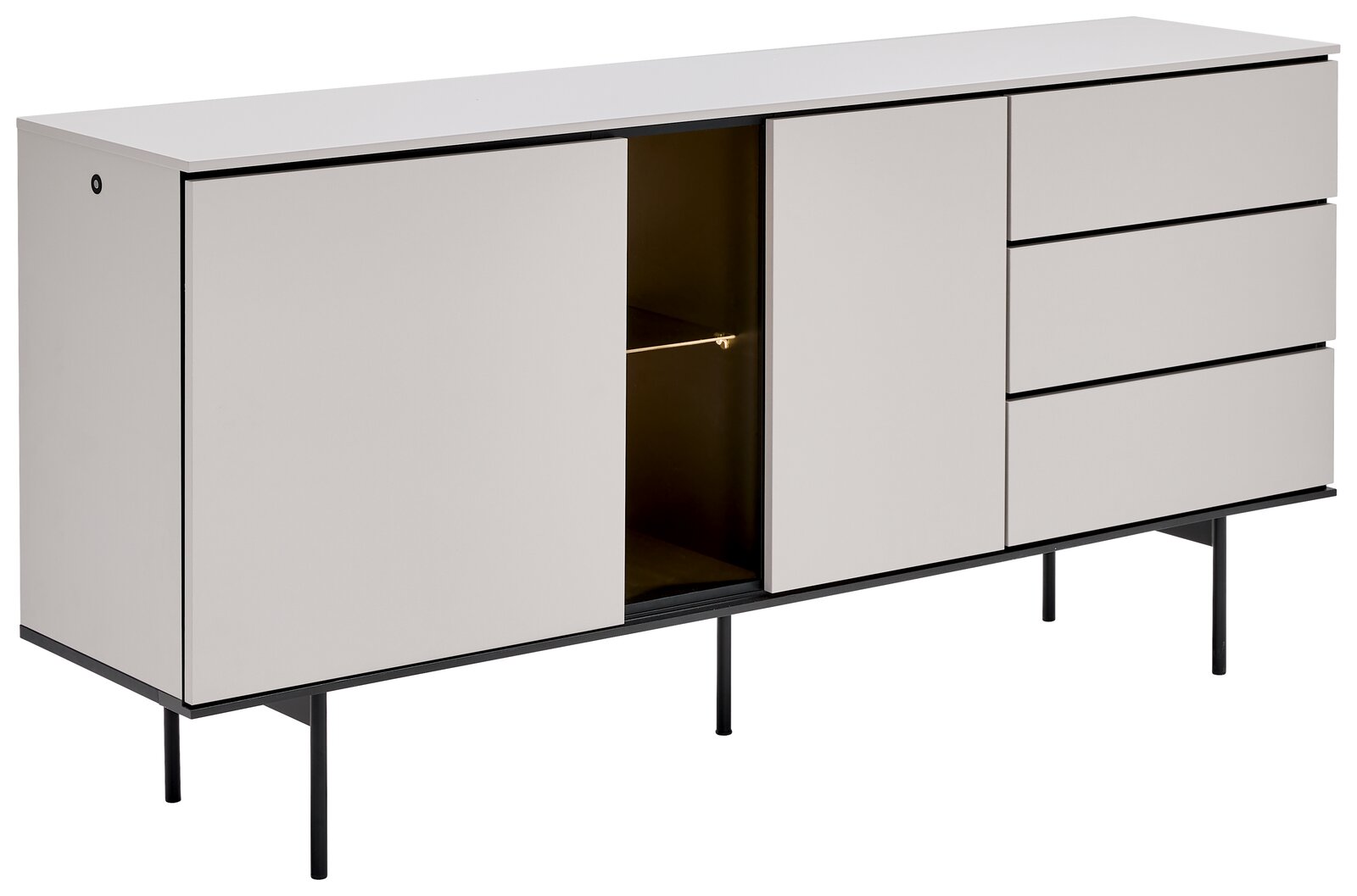 Voleo Sideboard KASANO Modernes Sideboard mit weißer Front, drei Schubladen und einem offenen Fach, seitliche Perspektive