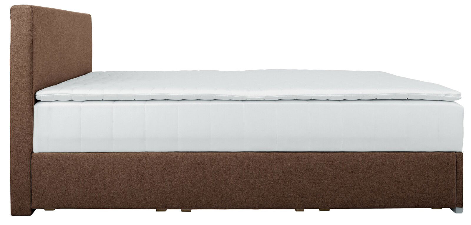 Seitenansicht eines Boxbetts 140 mit braunem Stoffbezug und weißer Matratze.