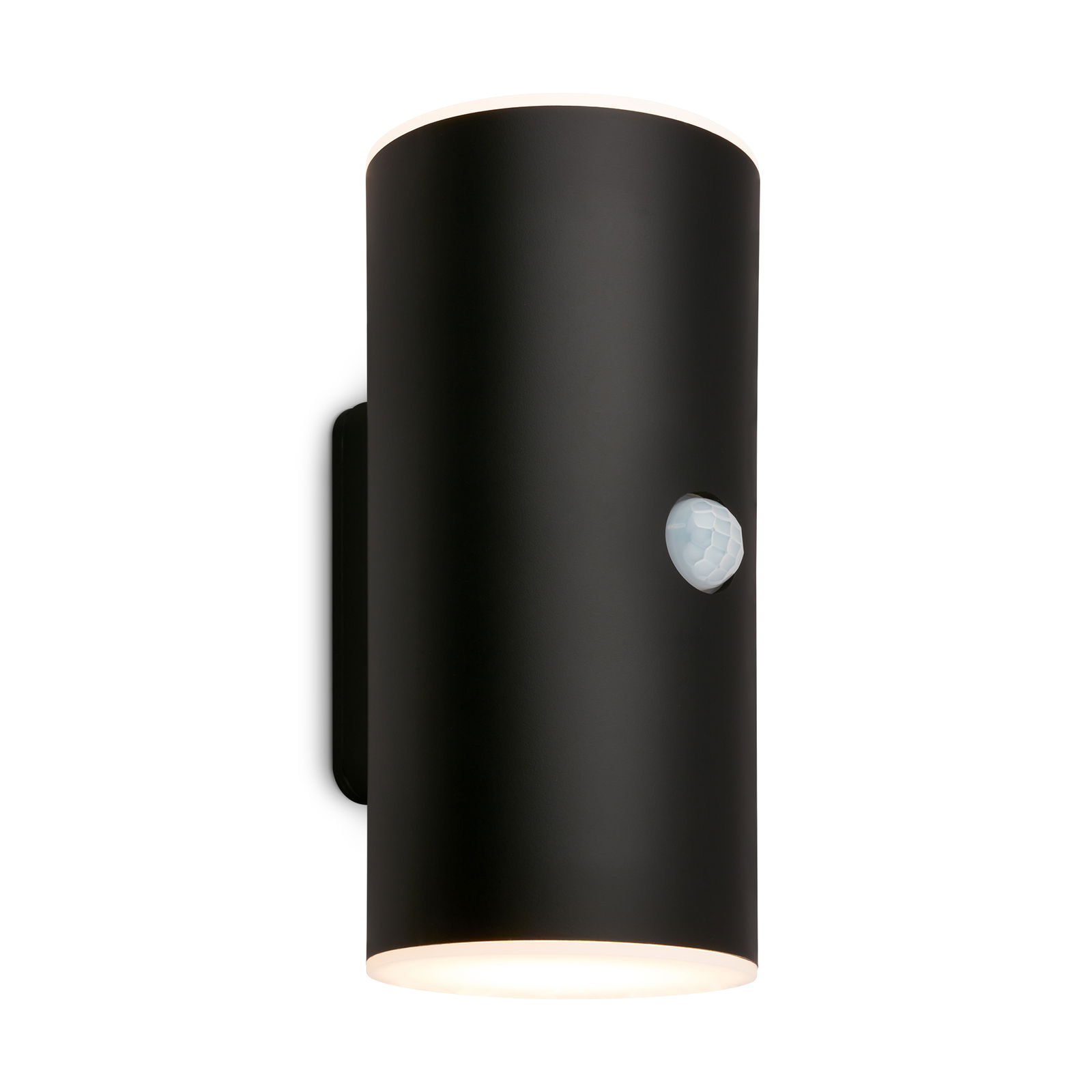 Schwarze zylindrische Akku-Außenwandleuchte mit Bewegungssensor, seitliche Perspektive