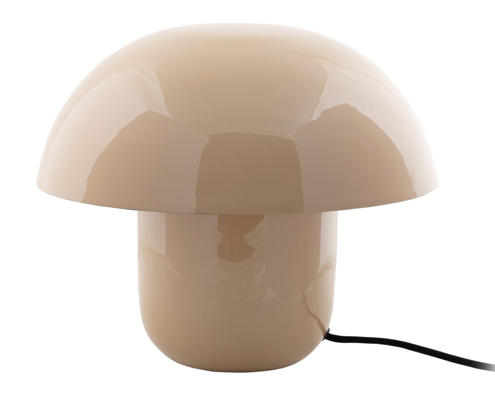 Beige Tischleuchte in Pilzform, seitliche Perspektive