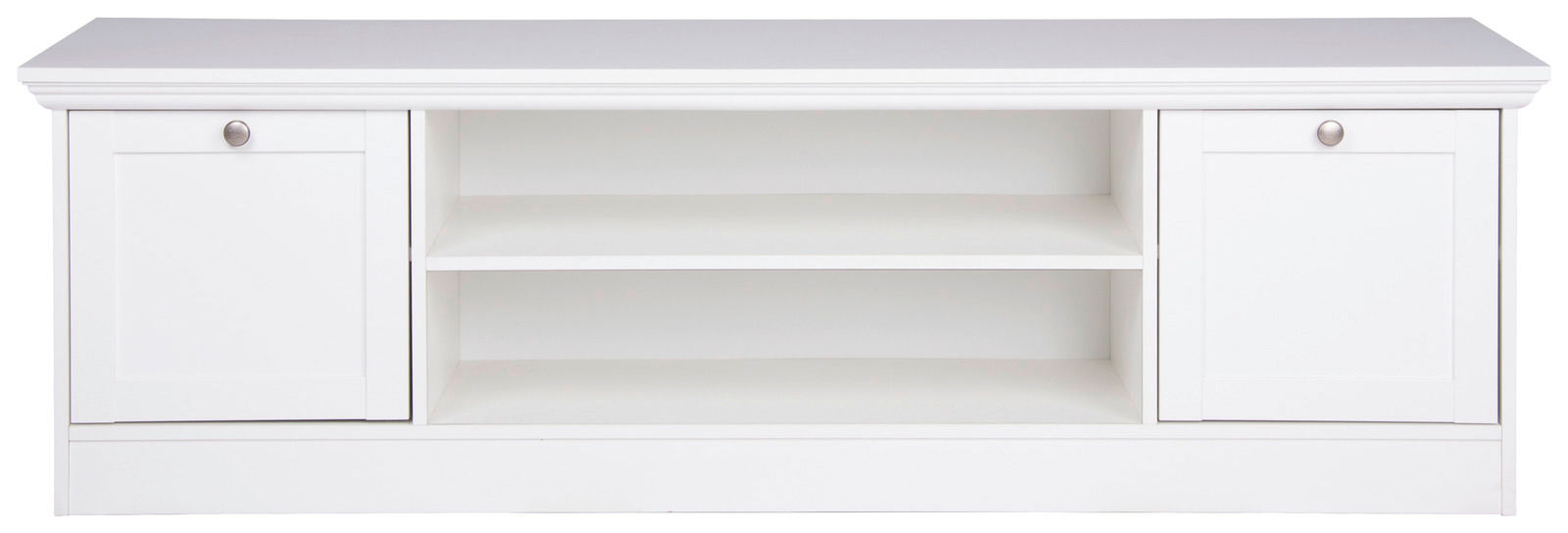 Weißes TV-Board mit zwei Türen und offenen Regalfächern, frontale Ansicht