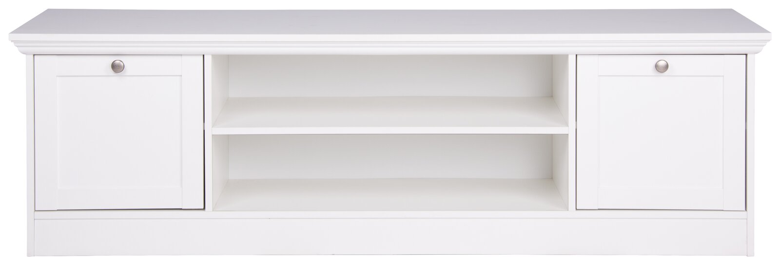 Weißes TV-Board mit zwei Türen und offenen Regalfächern, frontale Ansicht
